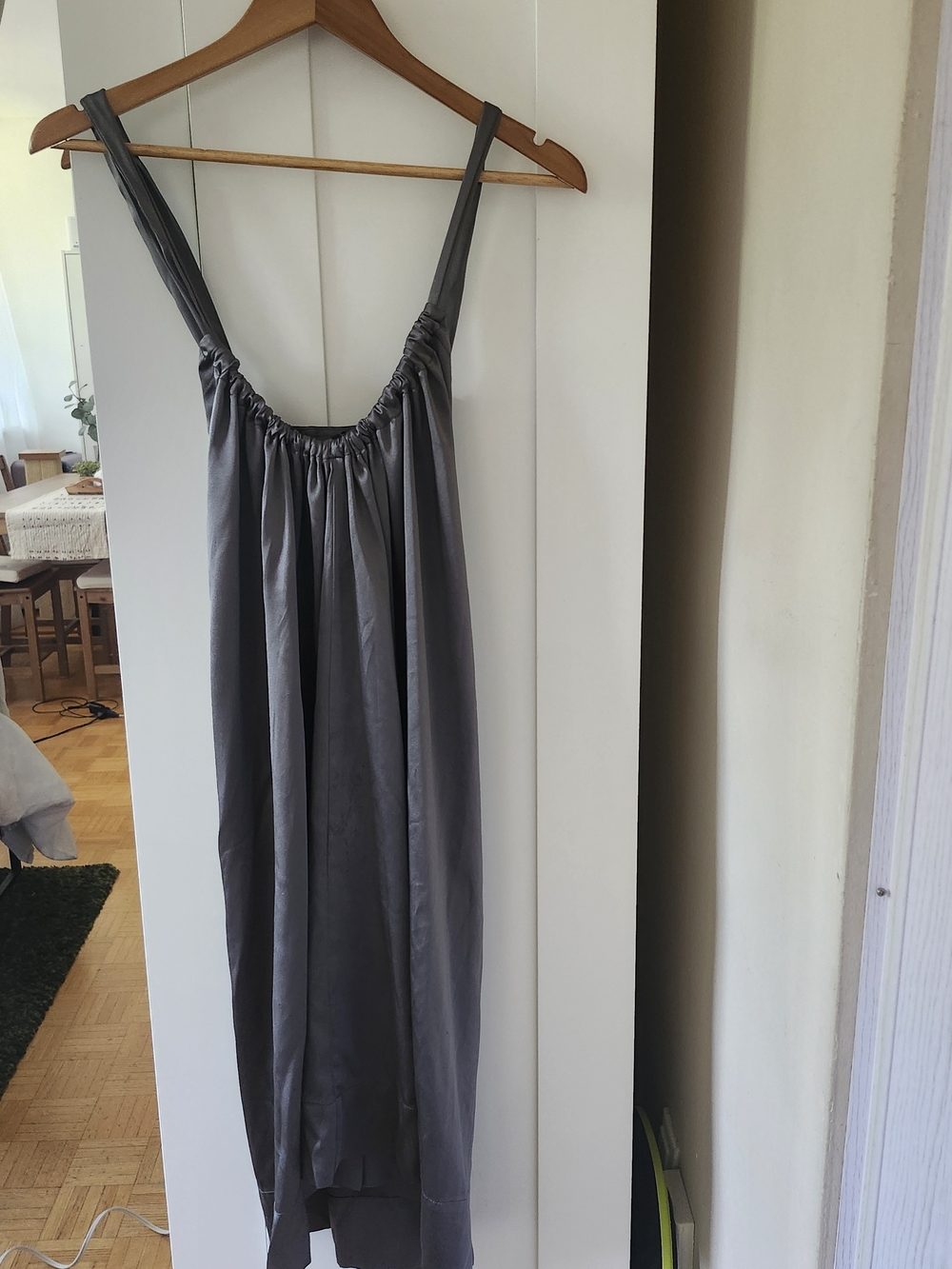 Women’s Charcoal Gray Satin Slip Dress - Soft Gathered Neckline